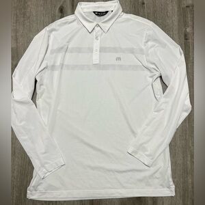 Travis Mathew long sleeve white polo w/ subtle gray stripe, size L